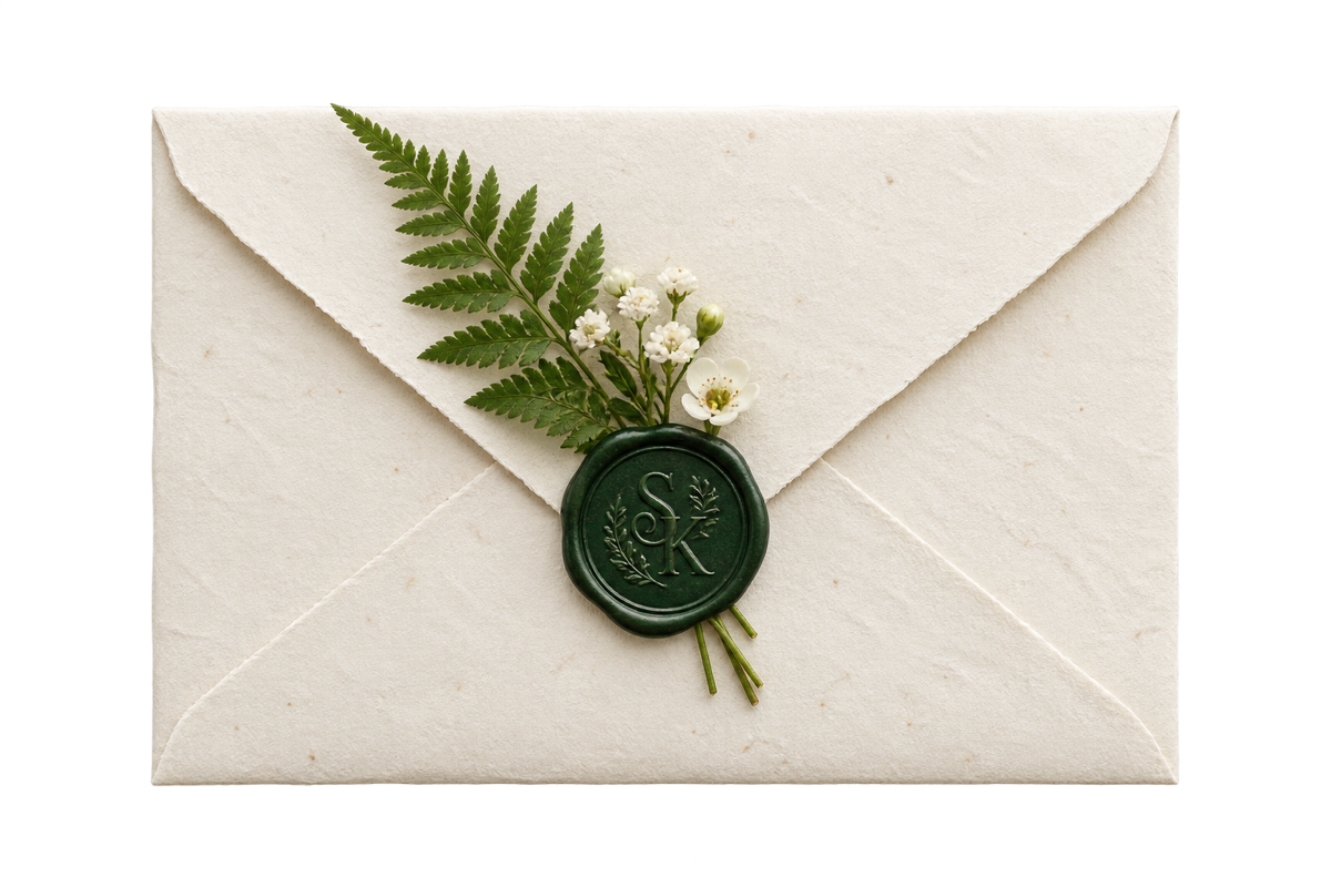 An ivory wedding envelope sealed with a green S and K wax seal
